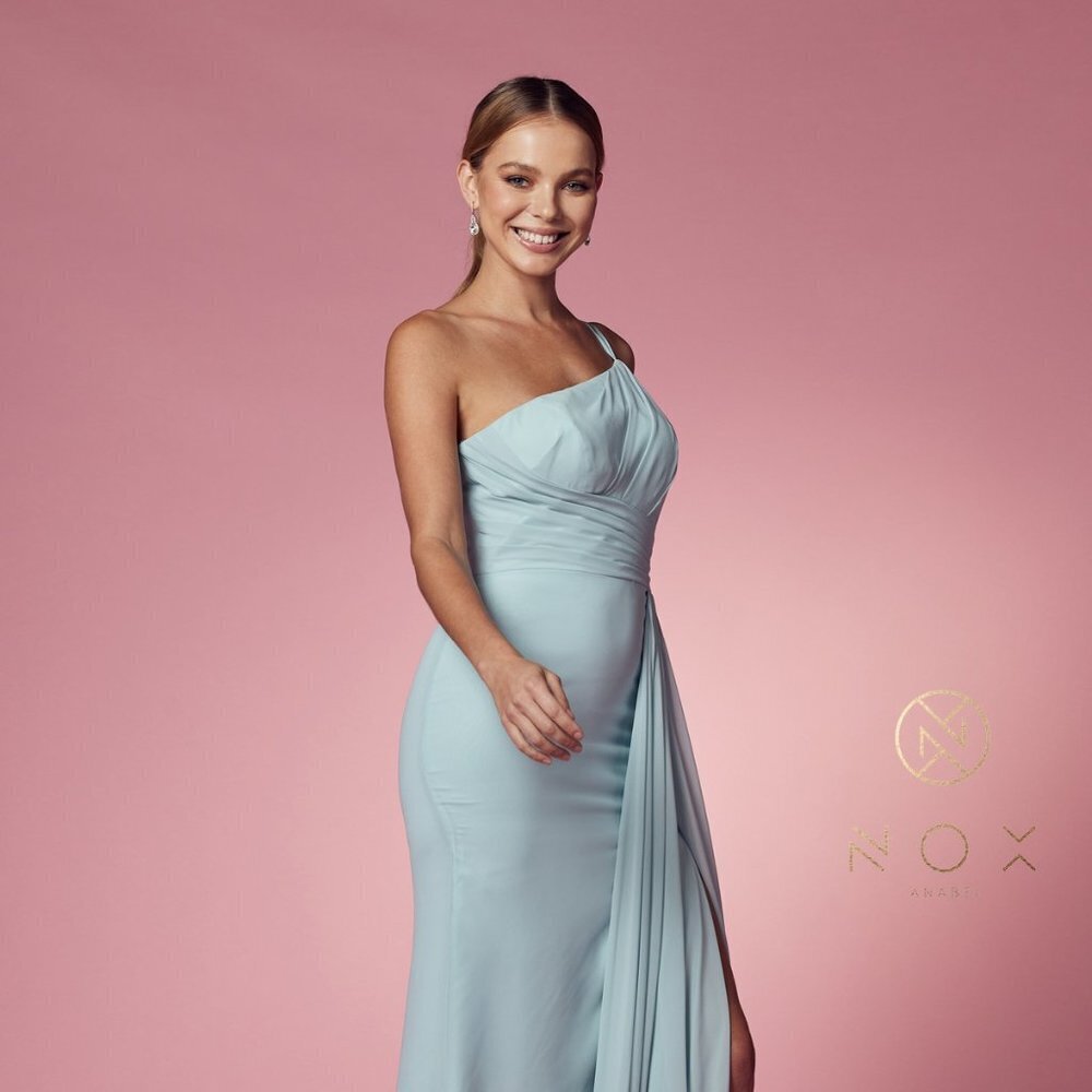 NEW FLOOR LENGTH ONE SHOULDER SLEEVELESS DRESS WITH ZIP AND LEG SLIT NX E1005